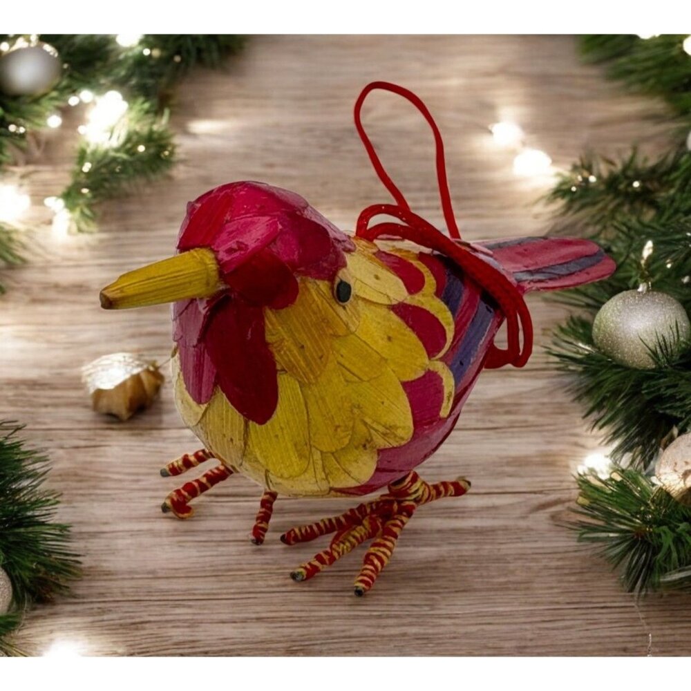 Vintage Wheatstraw Bird Christmas Tree Ornament Tropical Pink Yellow